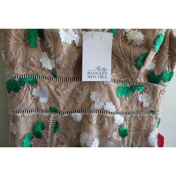 Badgley Mischka NWT Dalia Dress with Taupe Green and White Embroidery 10 - Picture 5 of 8